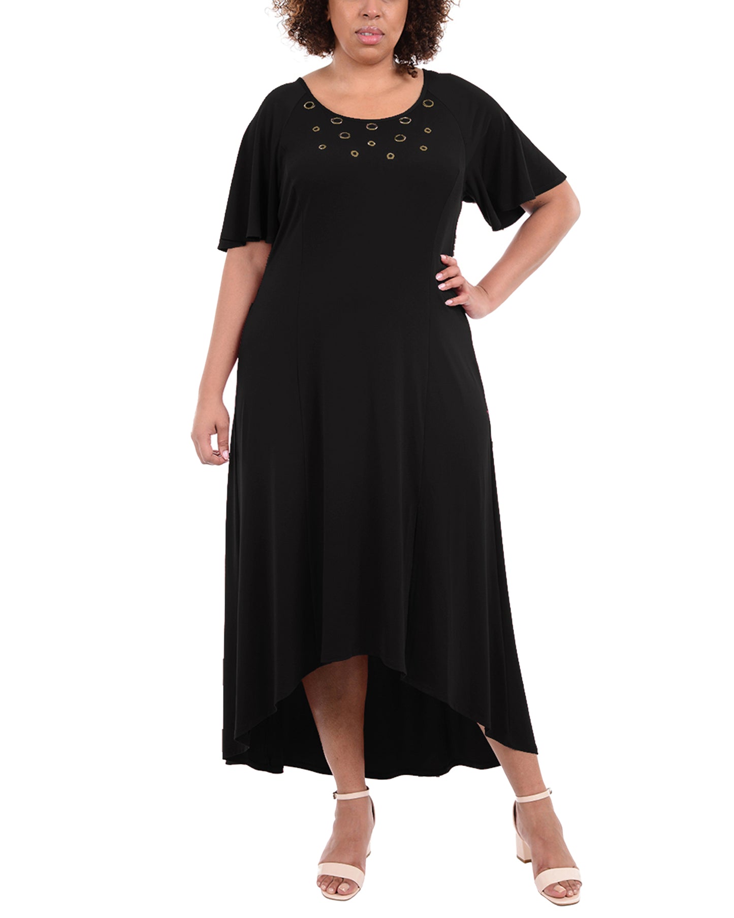 NY Collection Women's Plus Flutter Sleeve Hardware Trim Maxi Dress Black Size 1X
