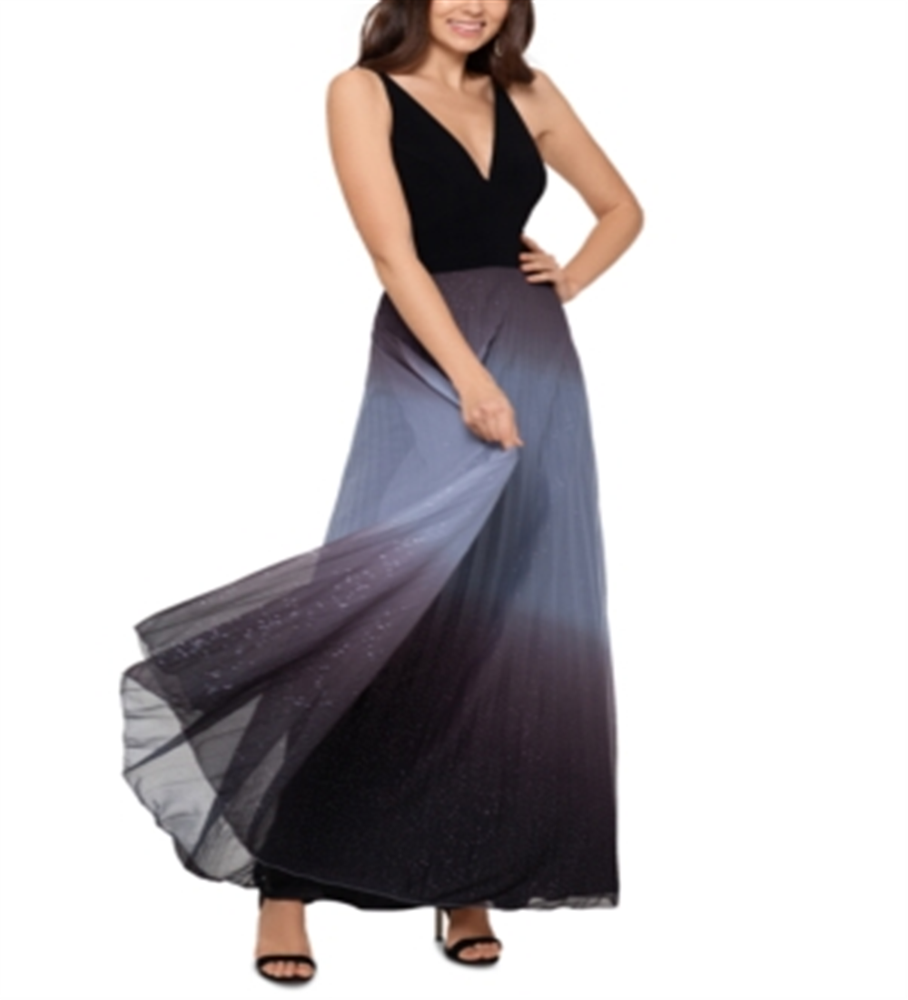 Betsy & Adam Women's Glitter Ombre Full Length Prom Accordion Pleat Dress Black Size 8