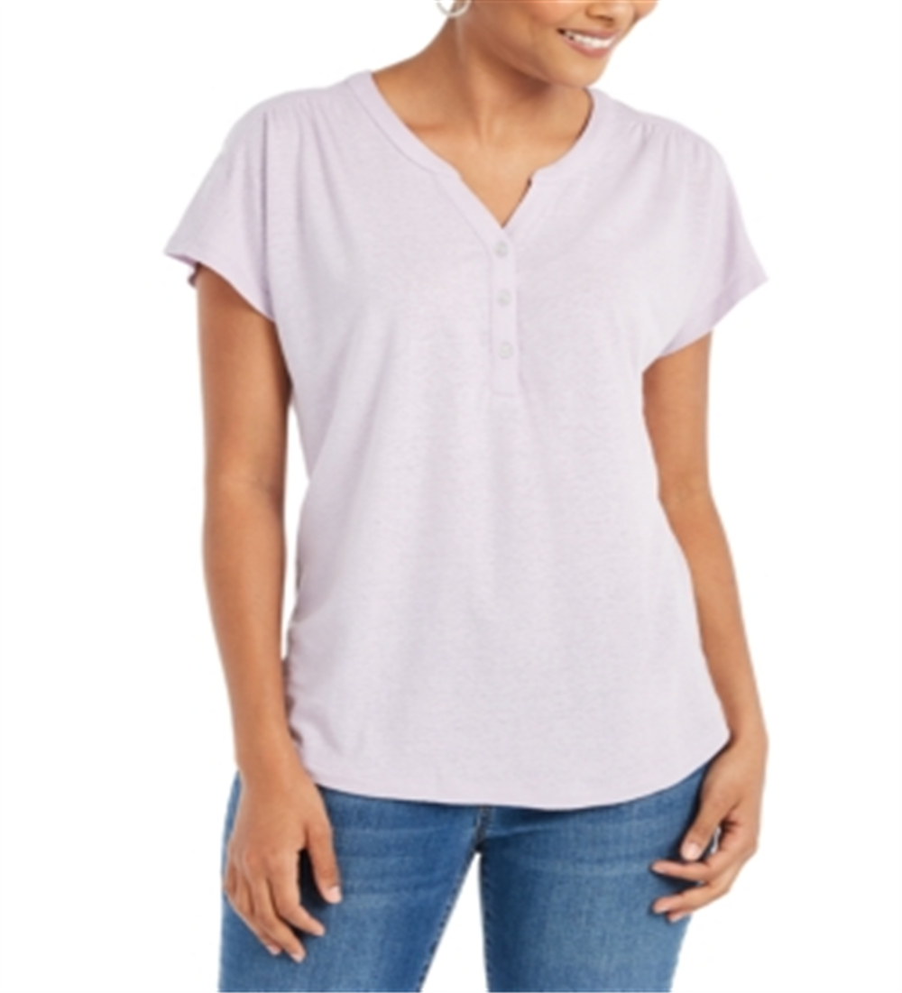 Style & Co Women's Dolman Sleeve Henley Linen Blend Top Purple Size Large