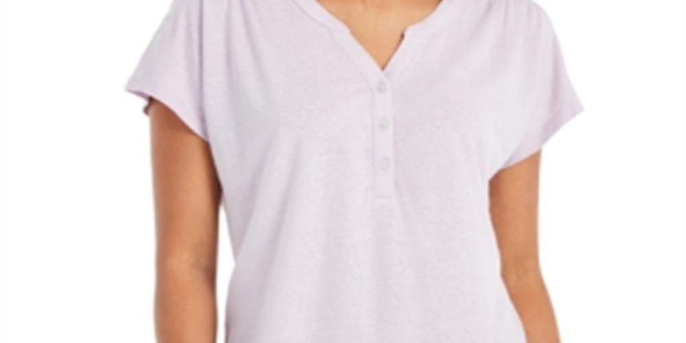 Style & Co Women's Dolman Sleeve Henley Linen Blend Top Purple Size Large