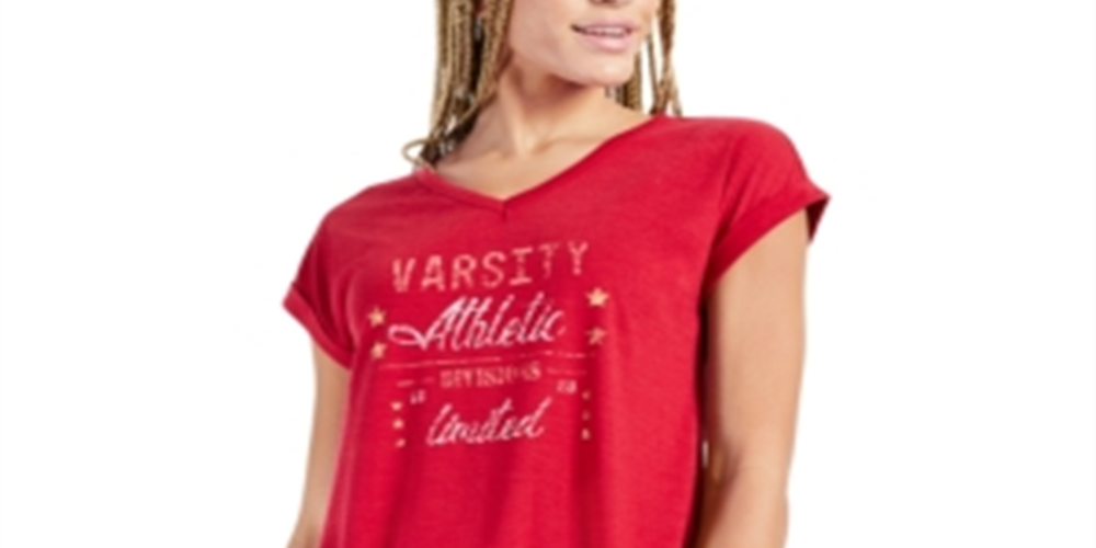 Style & Co Women's Graphic Print V-Neck T-Shirt Red Size Petite Large