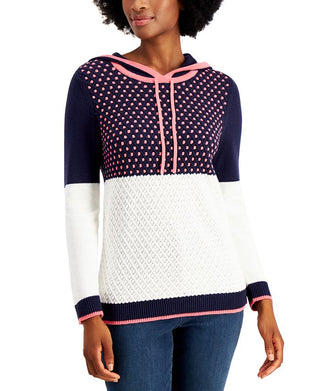 Charter Club Women's Colorblocked Sweater Hoodie Blue Size Petite Medium