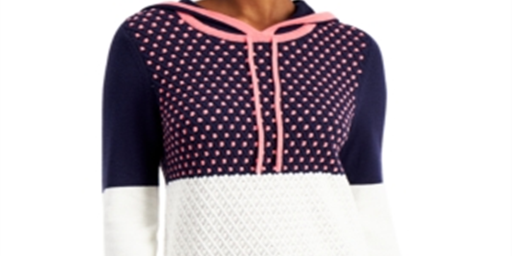 Charter Club Women's Colorblocked Sweater Hoodie Blue Size Petite Medium