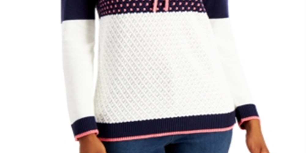 Charter Club Women's Colorblocked Sweater Hoodie Blue Size Petite Medium