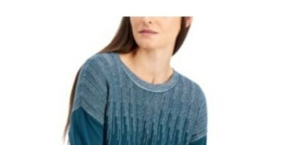Alfani Women's Sweater Teal Textured Metallic Pullover Blue Size Small