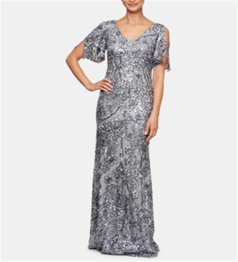 Alex Evenings Women's Cold Shoulder Flutter Sleeves With Long V Neck a Line Dress Navy Size 8