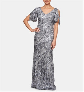 Alex Evenings Women's Cold Shoulder Flutter Sleeves With Long V Neck a Line Dress Navy Size 8