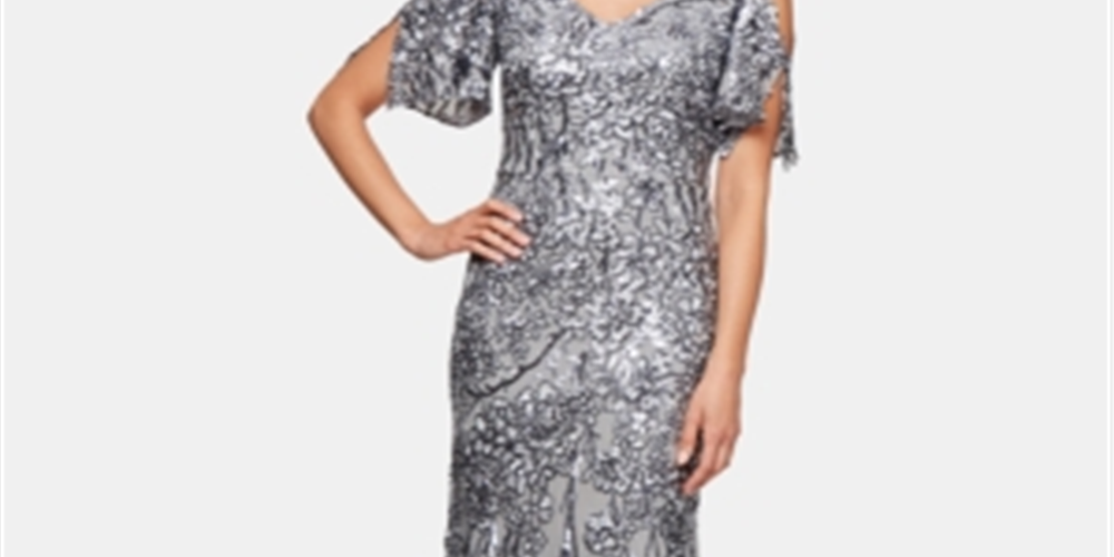 Alex Evenings Women's Cold Shoulder Flutter Sleeves With Long V Neck a Line Dress Navy Size 8