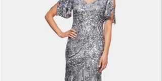 Alex Evenings Women's Cold Shoulder Flutter Sleeves With Long V Neck a Line Dress Navy Size 8