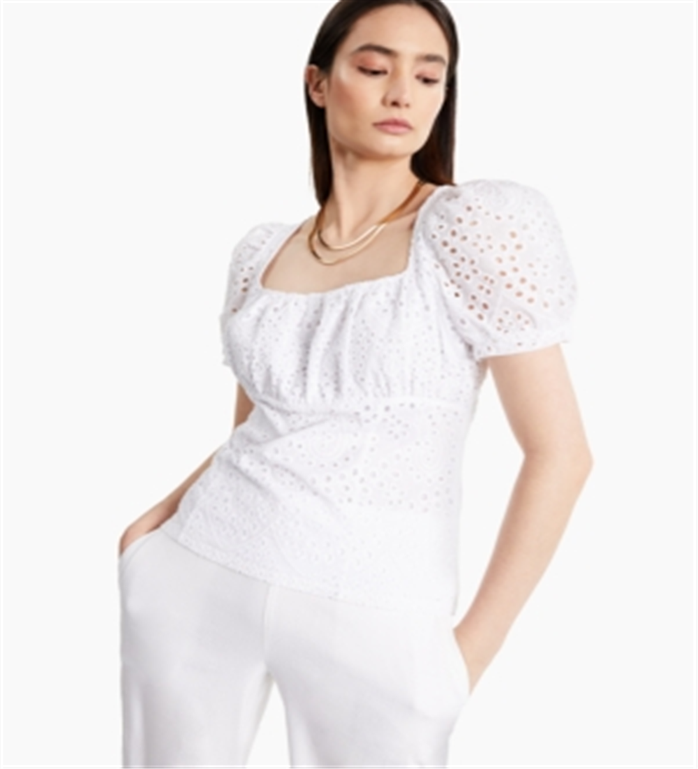 INC International Concepts Women's Cotton Eyelet Square-Neck Top  White Size Large