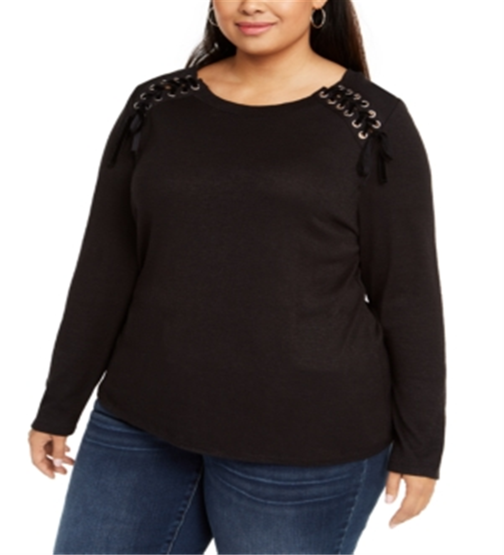 INC International Concepts Women's Plus Shoulder Laced Snit Top Black Size 0X