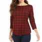 Charter Club Women's Cotton Plaid 3/4 Sleeve Top Wine Size L