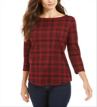 Charter Club Women's Cotton Plaid 3/4 Sleeve Top Wine Size L