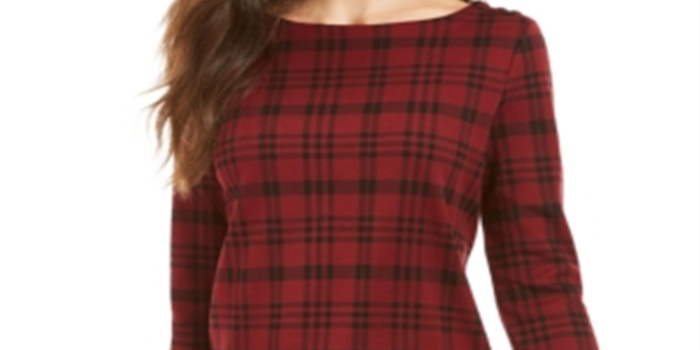 Charter Club Women's Cotton Plaid 3/4 Sleeve Top Wine Size L