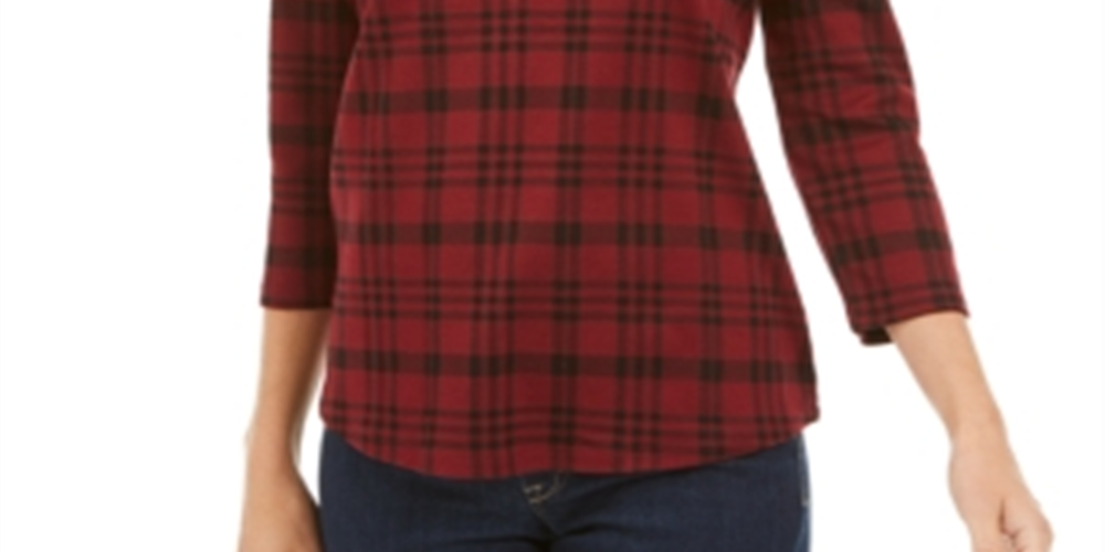 Charter Club Women's Cotton Plaid 3/4 Sleeve Top Wine Size L