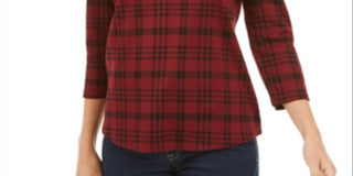 Charter Club Women's Cotton Plaid 3/4 Sleeve Top Wine Size L