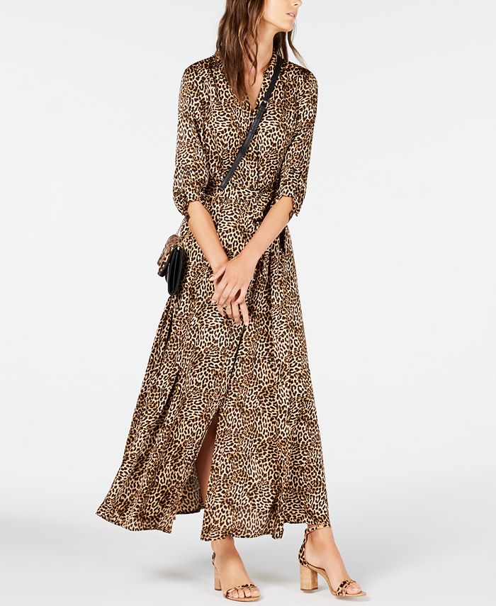 INC Women's Shirt Dress Leopard Print Elbow Sleeve Maxi Brown Size 4