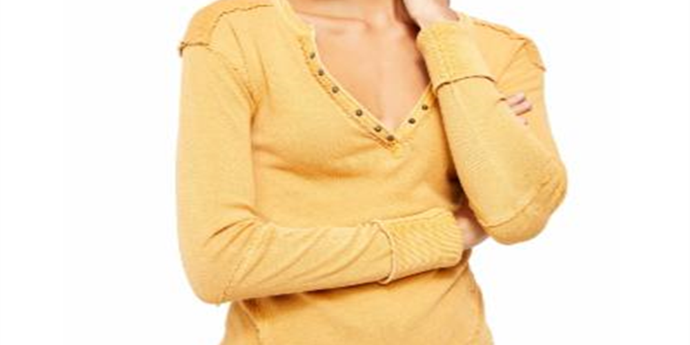 Free People Women's Long Sleeve V Neck Top Yellow Size Medium