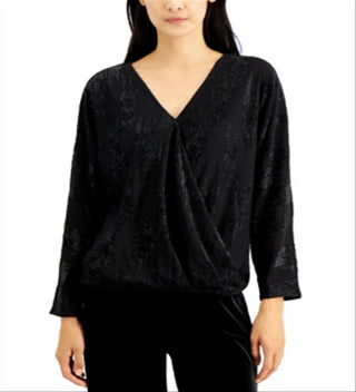 Alfani Women's V Neck Embellished SurpliceKnit Top Black Size Large