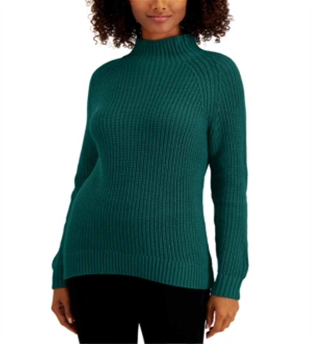 Style & Co Women's Cotton Funnel Neck Sweater Green Size Petite X-Large