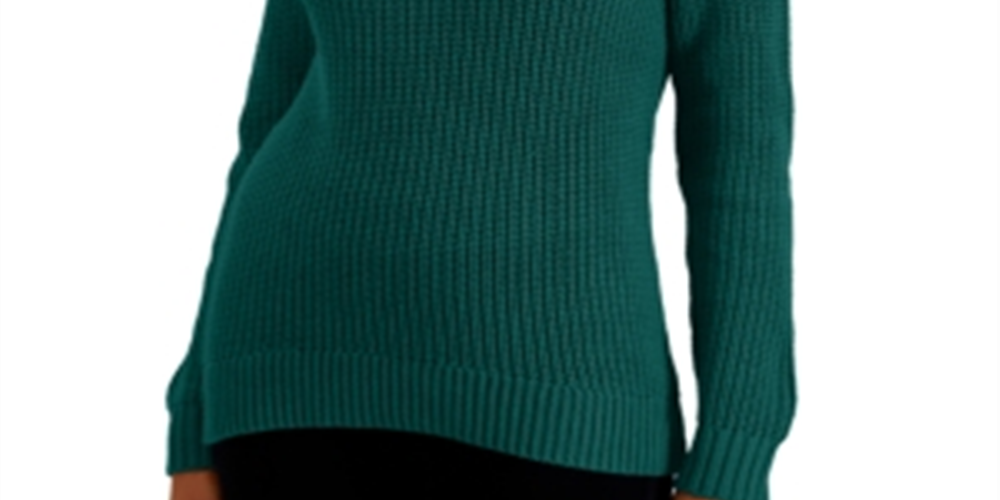 Style & Co Women's Cotton Funnel Neck Sweater Green Size Petite X-Large