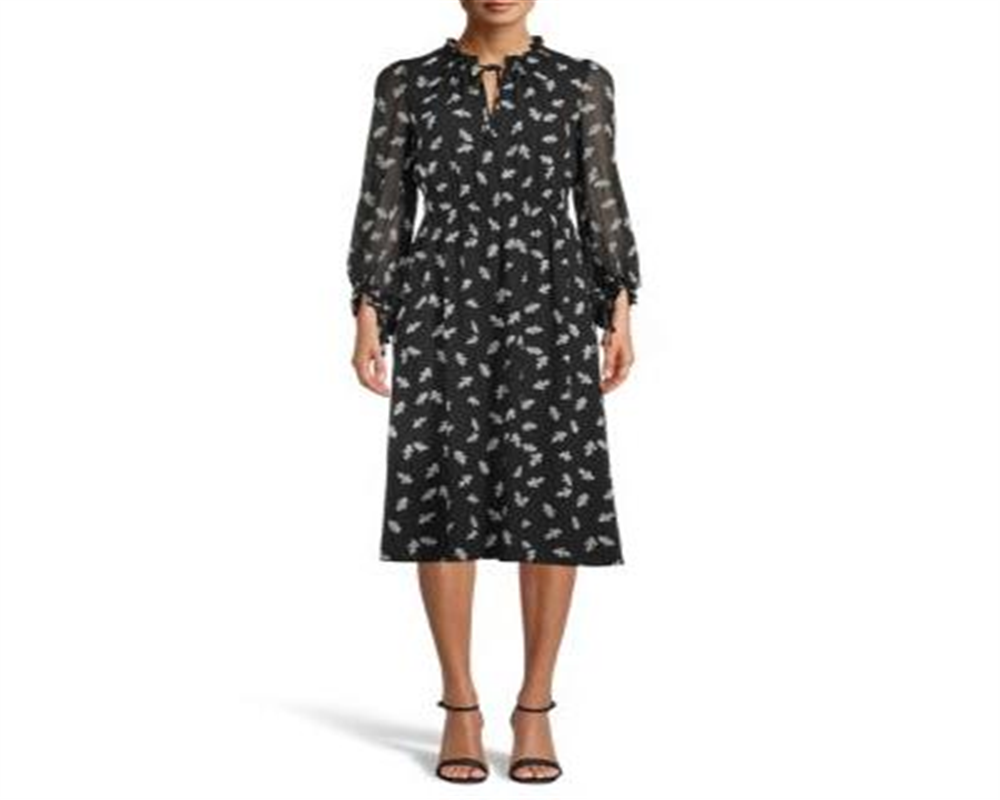 Anne Klein Women's Smocked Leaves Print a line Dress Black Size Medium