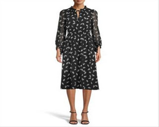 Anne Klein Women's Smocked Leaves Print a line Dress Black Size Medium