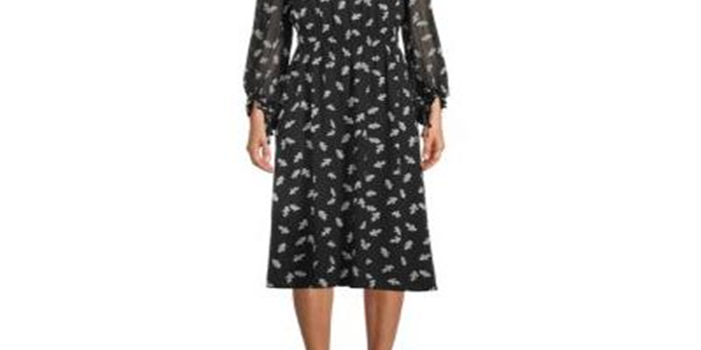 Anne Klein Women's Smocked Leaves Print a line Dress Black Size Medium