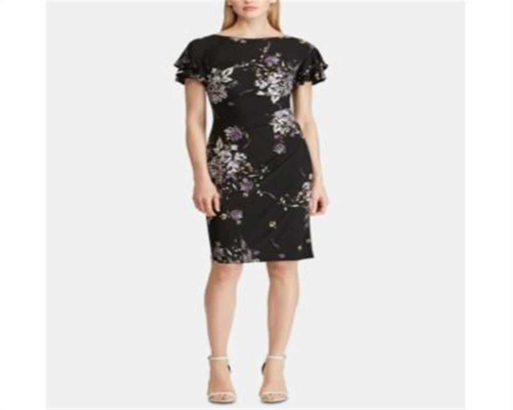 Ralph Lauren Women's Floral Jewel Neck Knee Length Wear to Work Sheath Dress Black Size 14 Petite