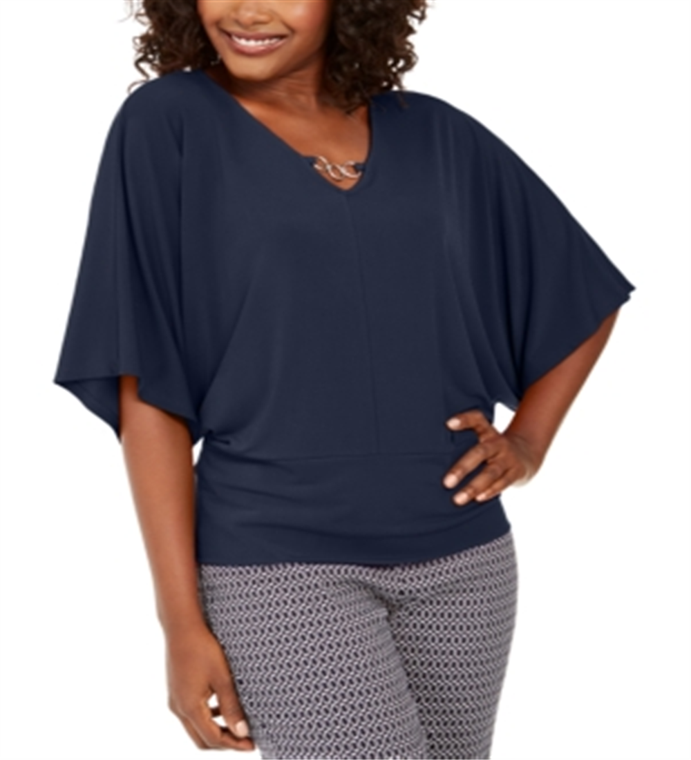 JM Collection Women's Hardware Batwing Sleeve Tunic Blue Size Small