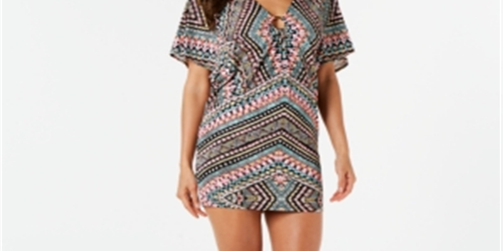 Bar III Women's Cover up Printed Hardware Tunic Pink Size S