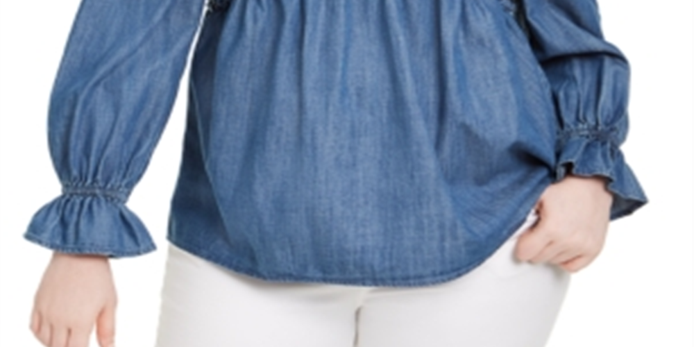 INC International Concepts Women's Plus Shirred Bell Sleeve Top Blue Size -0X