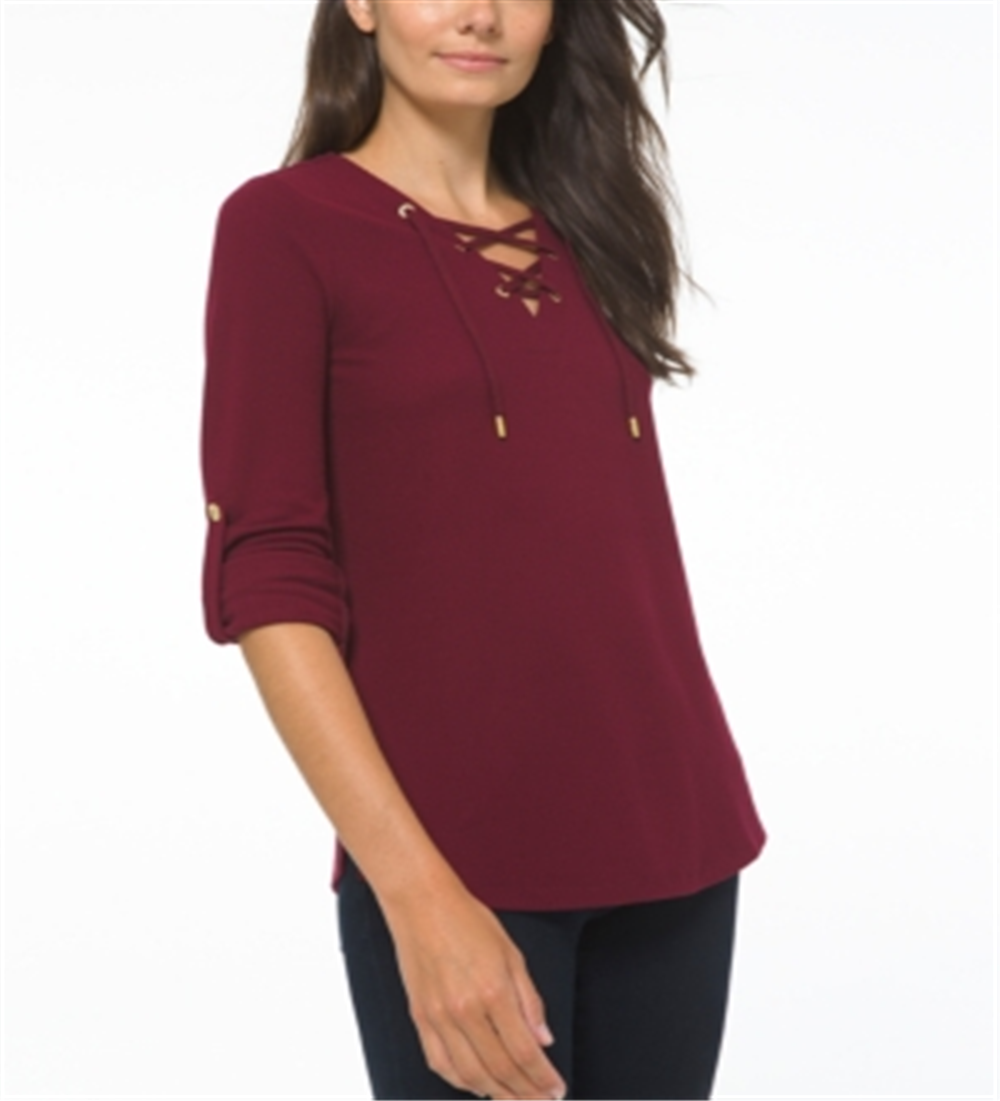 Michael Kors Women's Waffle Knit Lace up Front Top Red Size Medium