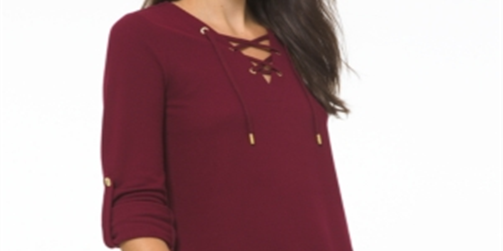 Michael Kors Women's Waffle Knit Lace up Front Top Red Size Medium