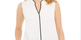 Calvin Klein Women's Contrast Trim Split Neck Blouse White Size Petite M
