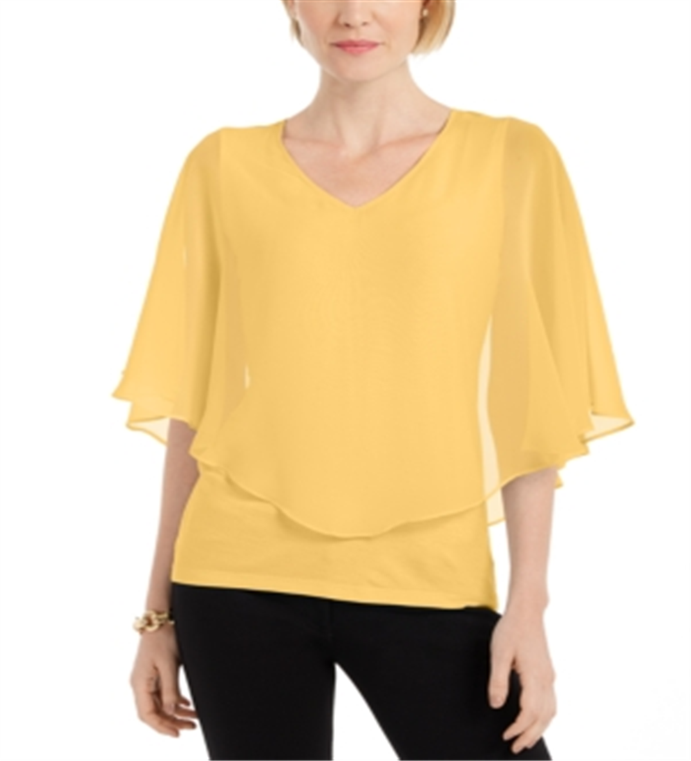 JM Collection Women's Solid V Neck Chiffon Overlay Top Yellow Size Large