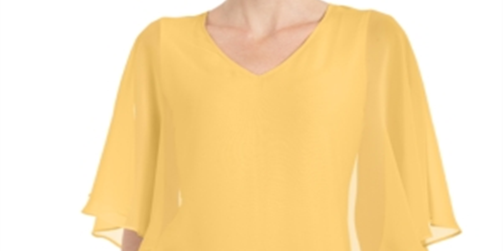 JM Collection Women's Solid V Neck Chiffon Overlay Top Yellow Size Large