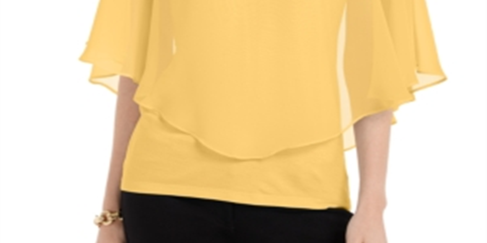 JM Collection Women's Solid V Neck Chiffon Overlay Top Yellow Size Large