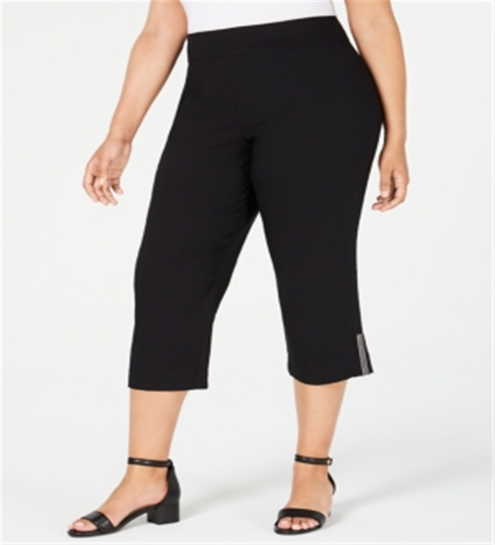 JM Collection Women's Plus Embellished Hem Capri Pants Deep Black Size -0X