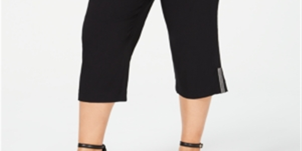 JM Collection Women's Plus Embellished Hem Capri Pants Deep Black Size -0X