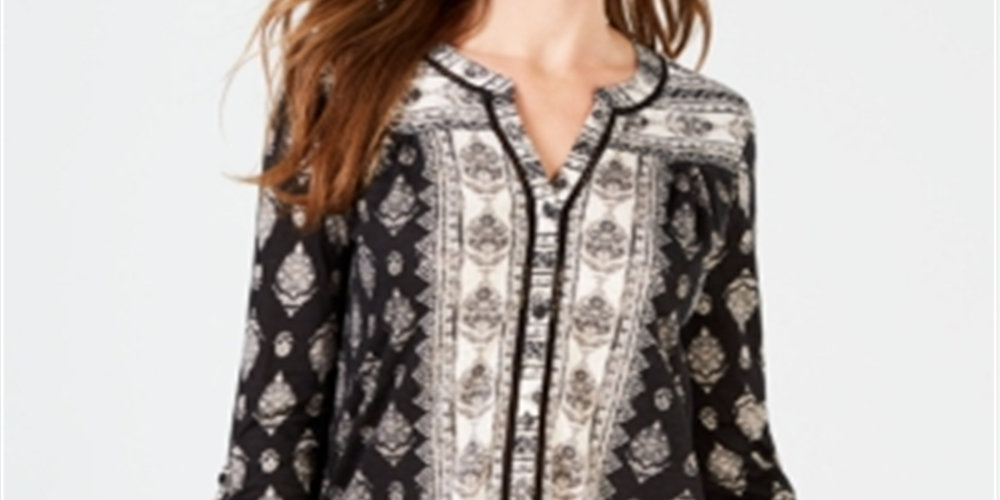 Style & Co Women's Printed Button Neck Top White Size X-Small