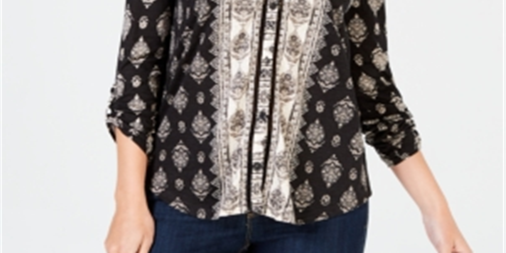 Style & Co Women's Printed Button Neck Top White Size X-Small