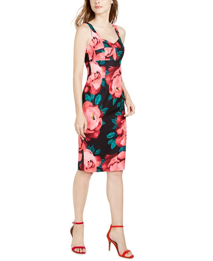 Trina Turk Women's Floral Sleeveless V Neck MIDI Sheath Dress Red Size 10