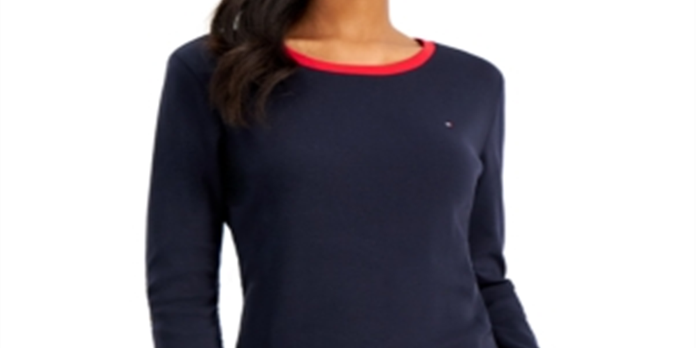 Tommy Hilfiger Women's Cotton Striped Cuff Top Blue Size Small