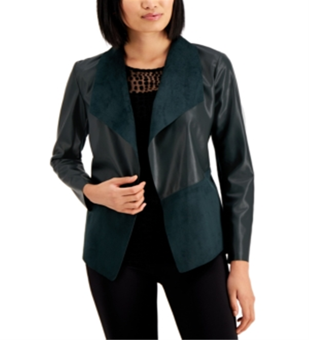 Alfani Women's Faux Leather Faux Suede Shaw Collar Jacket Green Size Small