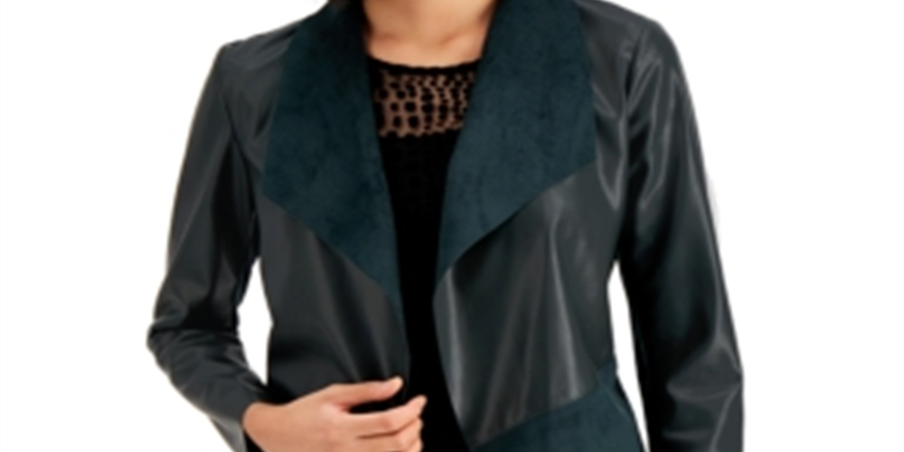 Alfani Women's Faux Leather Faux Suede Shaw Collar Jacket Green Size Small
