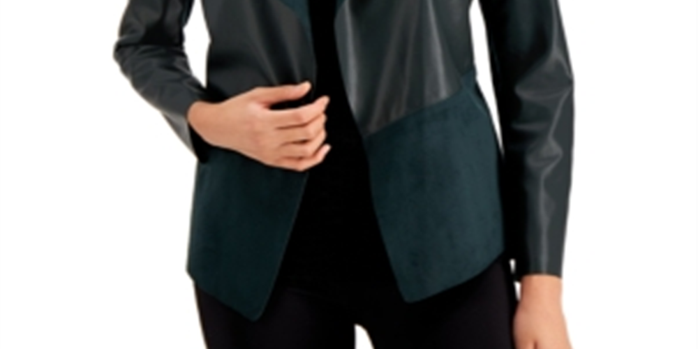 Alfani Women's Faux Leather Faux Suede Shaw Collar Jacket Green Size Small