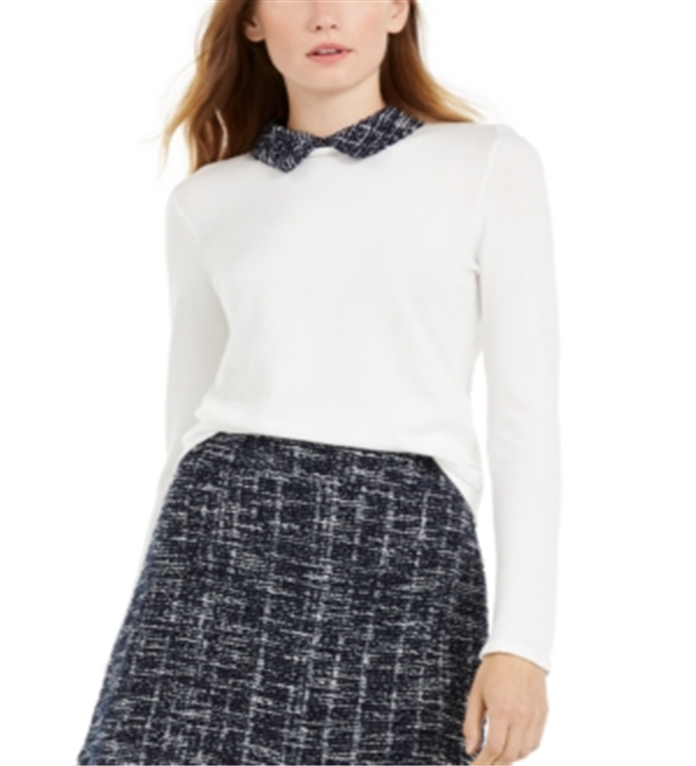 Maison Jules Women's Long Sleeve Tweed Collar Sweater White Size XX-Large
