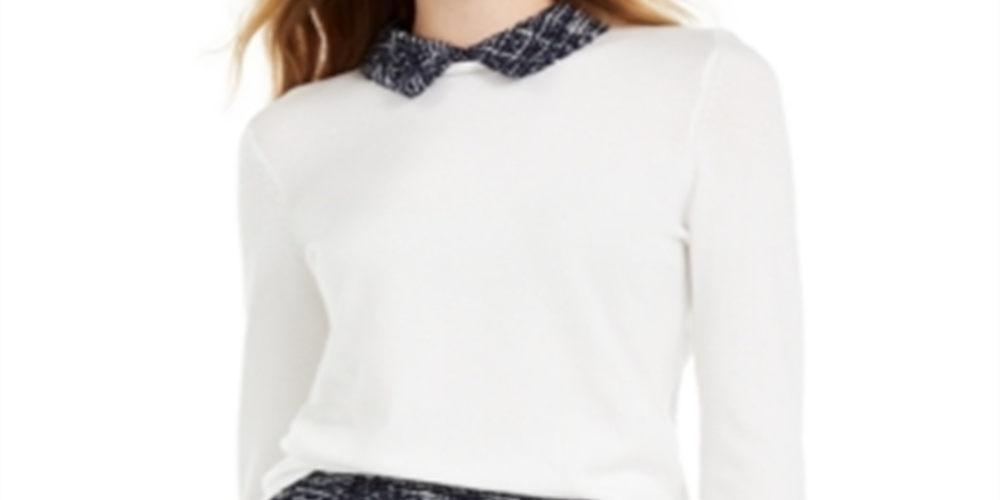 Maison Jules Women's Long Sleeve Tweed Collar Sweater White Size XX-Large