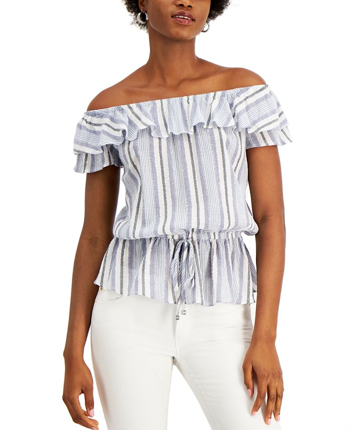 Michael Kors Women's Stripe Off the Shoulder Blouse Blue Size Medium